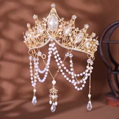 Gold-Tone Beaded Bridal Crown with Tassel Pendants
